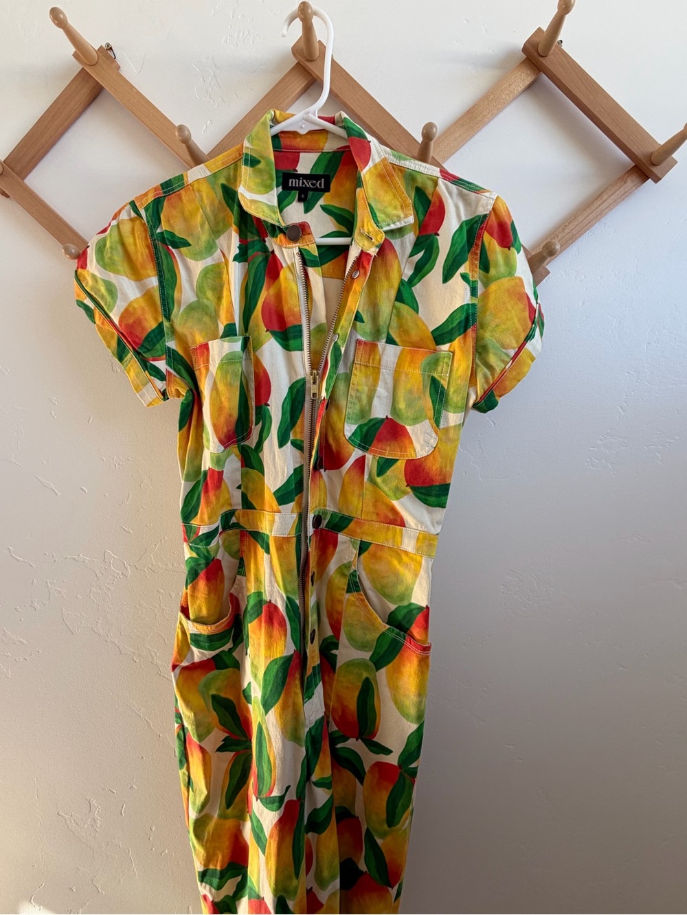 Mixed Tropical Fruit Print Zip Front Jumpsuit - Yellow & Green